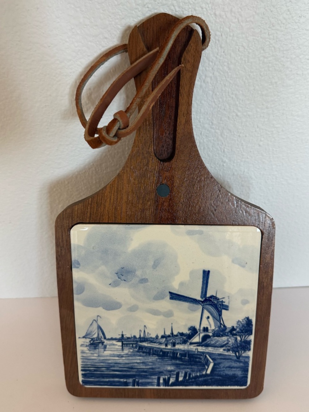 Vintage Delft Blue Tile Trivet/Cheese Cutting Board Dutch Windmill Wood